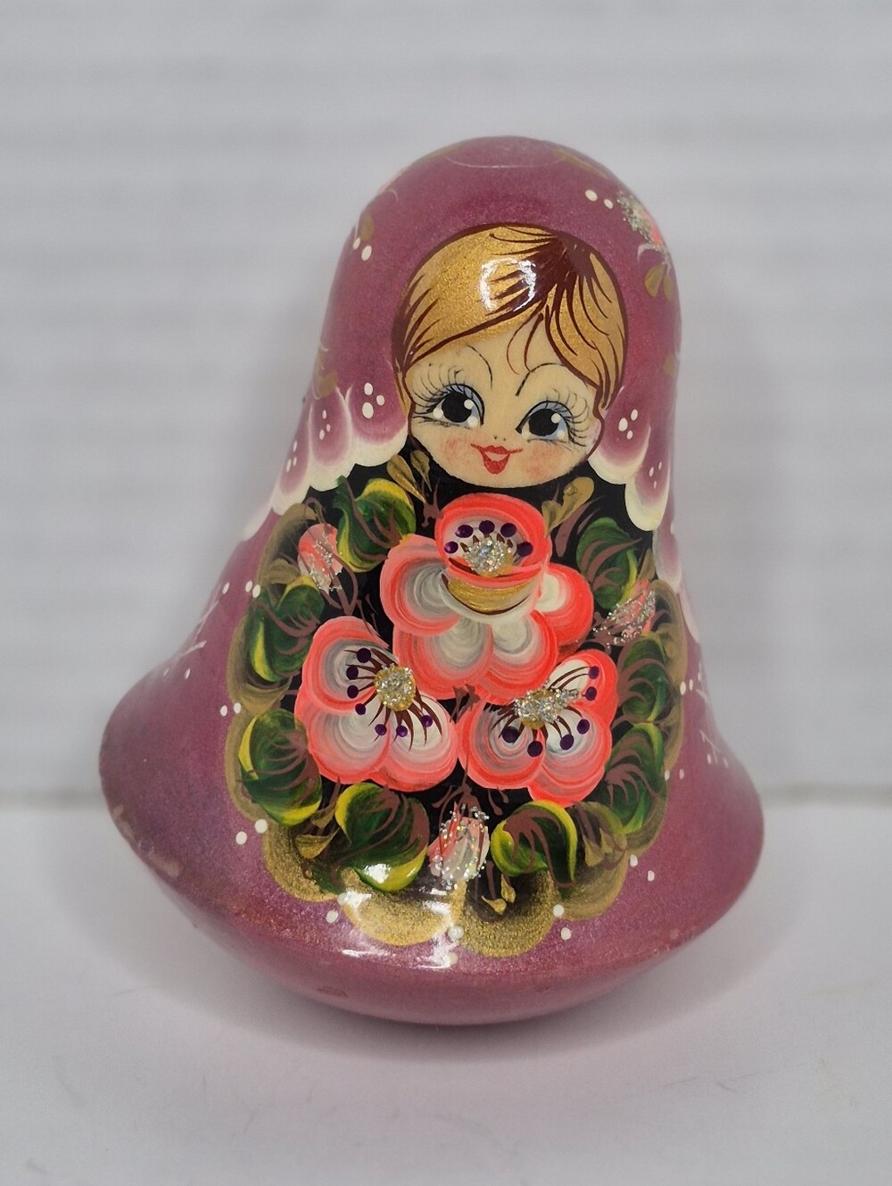 Hand Painted Musical Russian Matryoshka Roly Poly Bell Doll Floral Design RARE